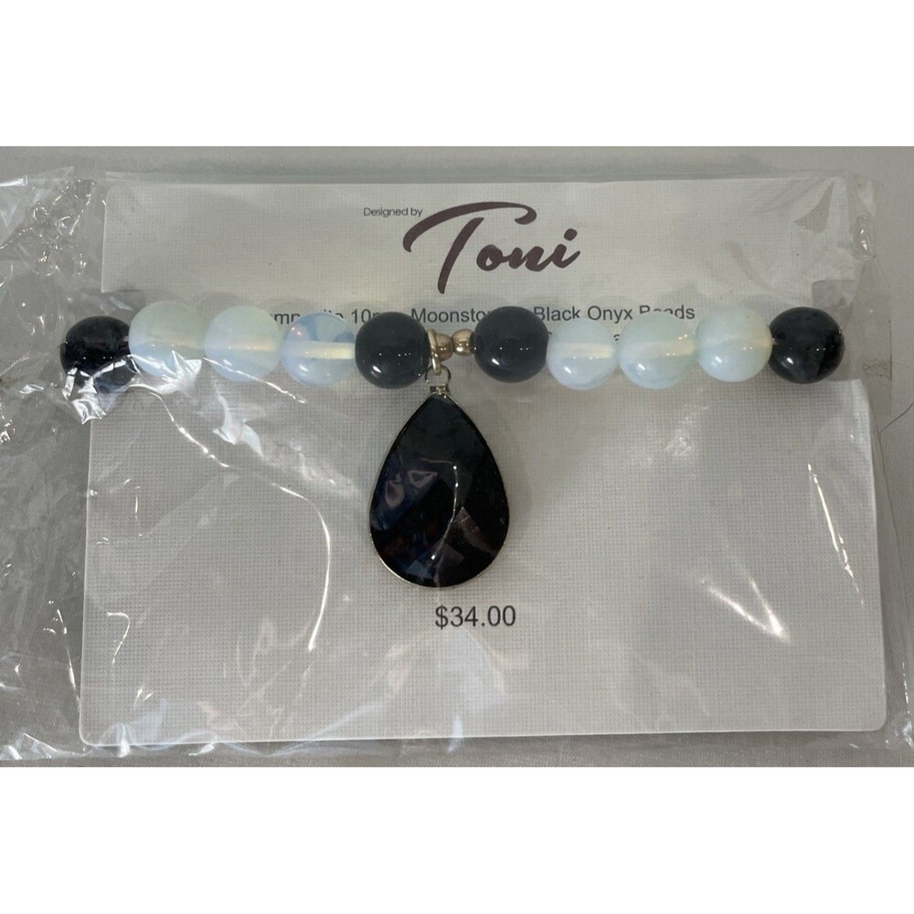 Toni Moonstone & Black Onyx Beaded Stretch Bracelet w/ Black Onyx Teardrop Charm